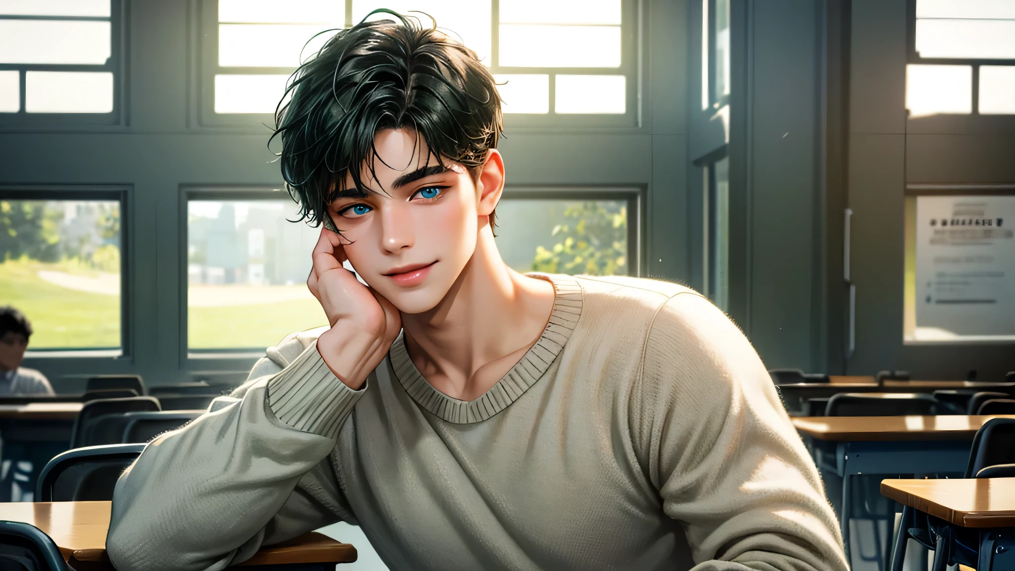 Ultra HD, high definition, Handsome young man, Grayish black hair, short hair, blue eyes, ombros largos, masterpiece, Absurd, Beautiful and detailed face, with dark green long sleeved sweater, Sunny daytime environment,  in a colorful classroom, gentle smile