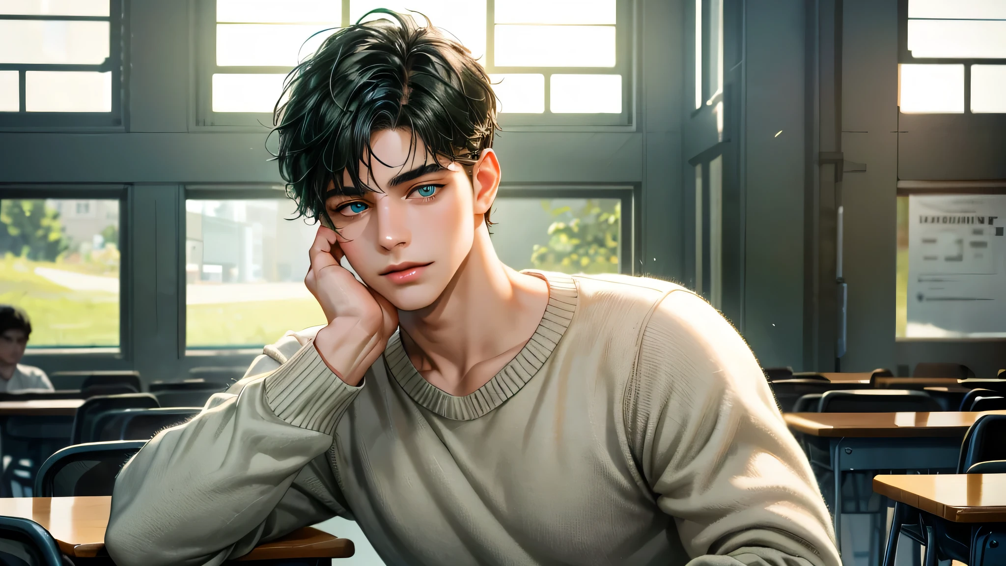 Ultra HD, high definition, Handsome young man, Grayish black hair, short hair, blue eyes, ombros largos, masterpiece, Absurd, Beautiful and detailed face, with dark green long sleeved sweater, Sunny daytime environment,  in a colorful classroom, gargalhando