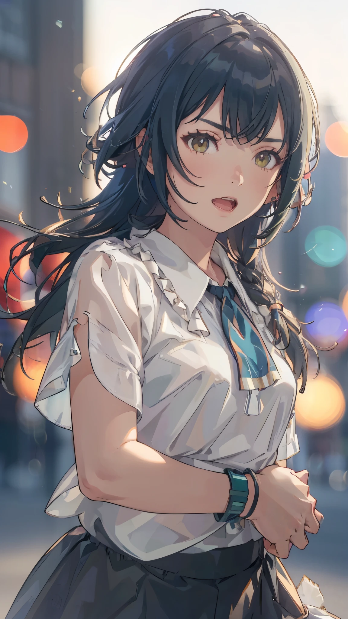 Best Quality, Realistic, 1peopleの女の子, woman,(Skin Dentition), Medium chest, (bright), (Professional Writing, Bokeh), (street), people々, crowd, Braided bangs, (blouse:1.5), (Wore:0.8), nice, bloom, Floating Hair, (Dynamic pose:0.6) , Soft Lighting, 