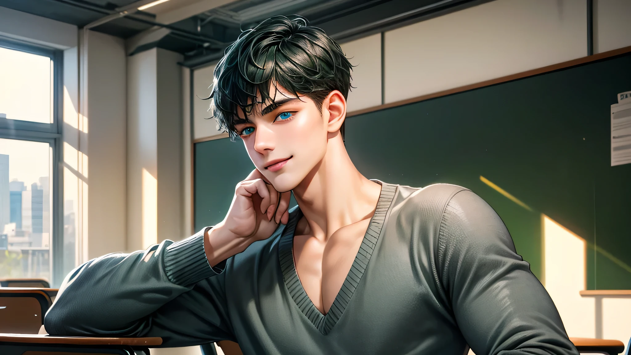 Ultra HD, high definition, Handsome young man, Grayish black hair, short hair, blue eyes, ombros largos, masterpiece, Absurd, Beautiful and detailed face, with dark green long sleeved sweater, Sunny daytime environment,  in a colorful classroom, gentle smile