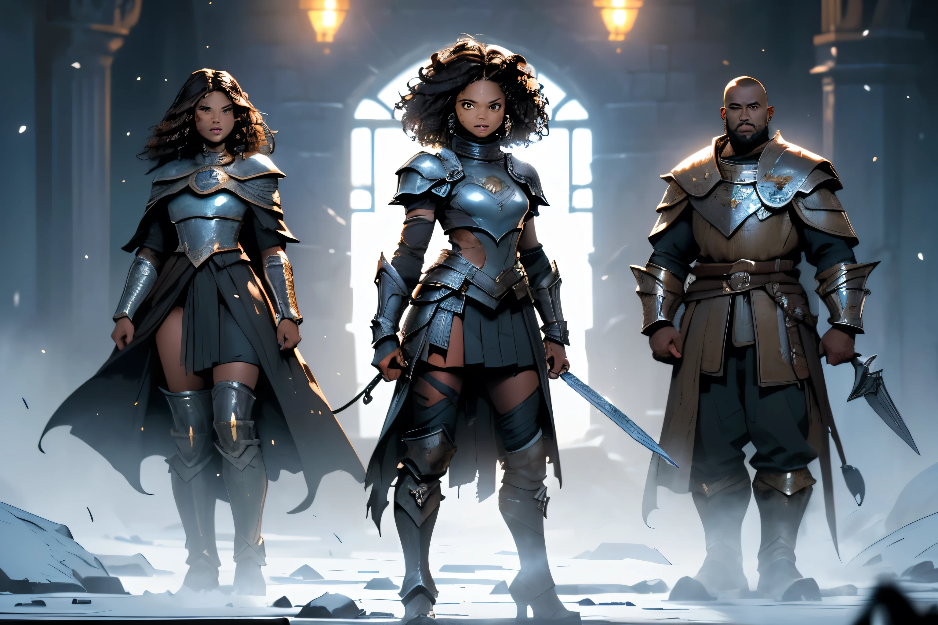 ((1 African warrior girl, curly hair, dark hair, brown eyes, black skin, full body, beautiful and symmetrical face, well-designed hands, proportional hands)), (skyrim style armor, skyrim armor), medieval setting, warrior girl medieval, bearskin skirt, metal boots, battle pose on a mountain, ice mountain, falling snow