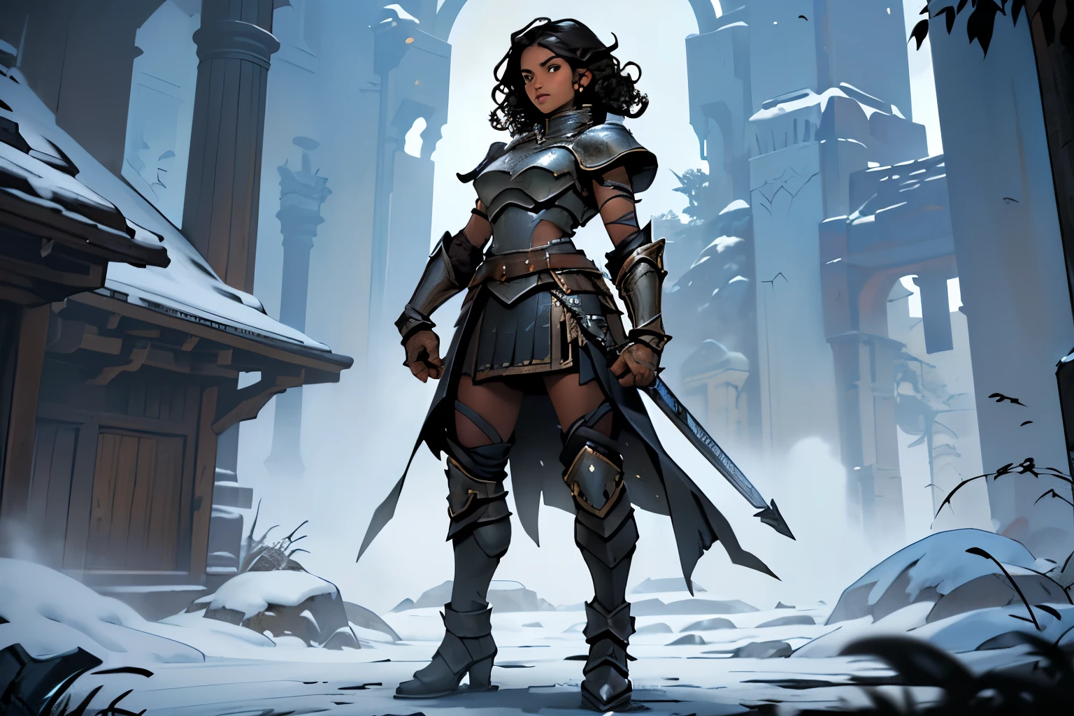 ((1 African warrior girl, curly hair, dark hair, brown eyes, black skin, full body, beautiful and symmetrical face, well-designed hands, proportional hands)), (skyrim style armor, skyrim armor), medieval setting, warrior girl medieval, bearskin skirt, metal boots, battle pose on a mountain, ice mountain, falling snow