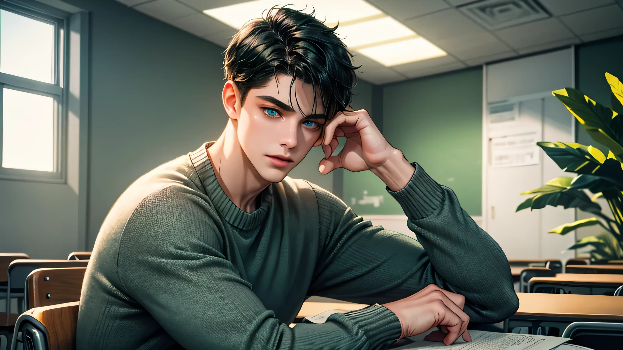 Ultra HD, high definition, Handsome young man, Grayish black hair, short hair, blue eyes, ombros largos, masterpiece, Absurd, Beautiful and detailed face, with dark green long sleeved sweater, Sunny daytime environment,  in a colorful classroom, seductive look