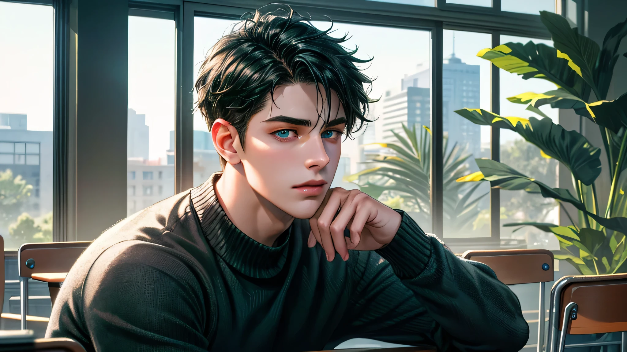 Ultra HD, high definition, Handsome young man, Grayish black hair, short hair, blue eyes, ombros largos, masterpiece, Absurd, Beautiful and detailed face, with dark green long sleeved sweater, Sunny daytime environment,  in a colorful classroom, seductive look