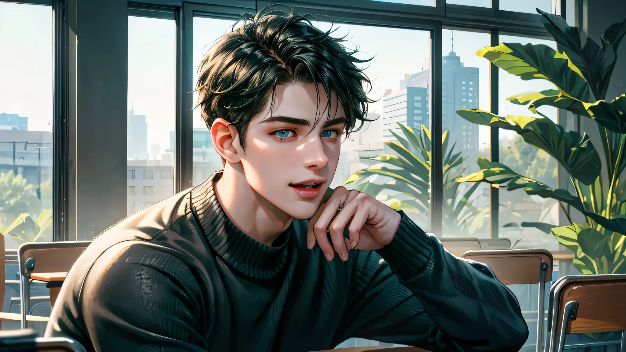 Ultra HD, high definition, Handsome young man, Grayish black hair, short hair, blue eyes, ombros largos, masterpiece, Absurd, Beautiful and detailed face, with dark green long sleeved sweater, Sunny daytime environment,  in a colorful classroom, Laughing