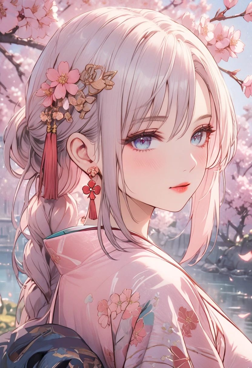 a girl wearing a pastel dress covered in sakura blossom patterns, beautiful detailed eyes, beautiful detailed lips, extremely detailed face, detailed sakura blossoms, cherry blossom garden, soft lighting, delicate, whimsical, muted colors, dreamlike, cinematic, highres, best quality, 8k, masterpiece, elegant, shenhe, blue eyes, braided ponytail, earrings, eyelashes, eyeliner, eyes visible through hair, eyeshadow, hair between eyes, makeup, red eyeshadow, sidelocks, single earring, symbol-shaped pupils, tassel, tassel earrings, white hair, long hair, full body