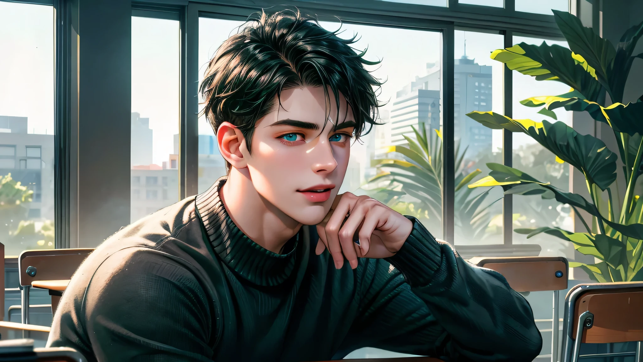 Ultra HD, high definition, Handsome young man, Grayish black hair, short hair, blue eyes, ombros largos, masterpiece, Absurd, Beautiful and detailed face, with dark green long sleeved sweater, Sunny daytime environment,  in a colorful classroom, Laughing