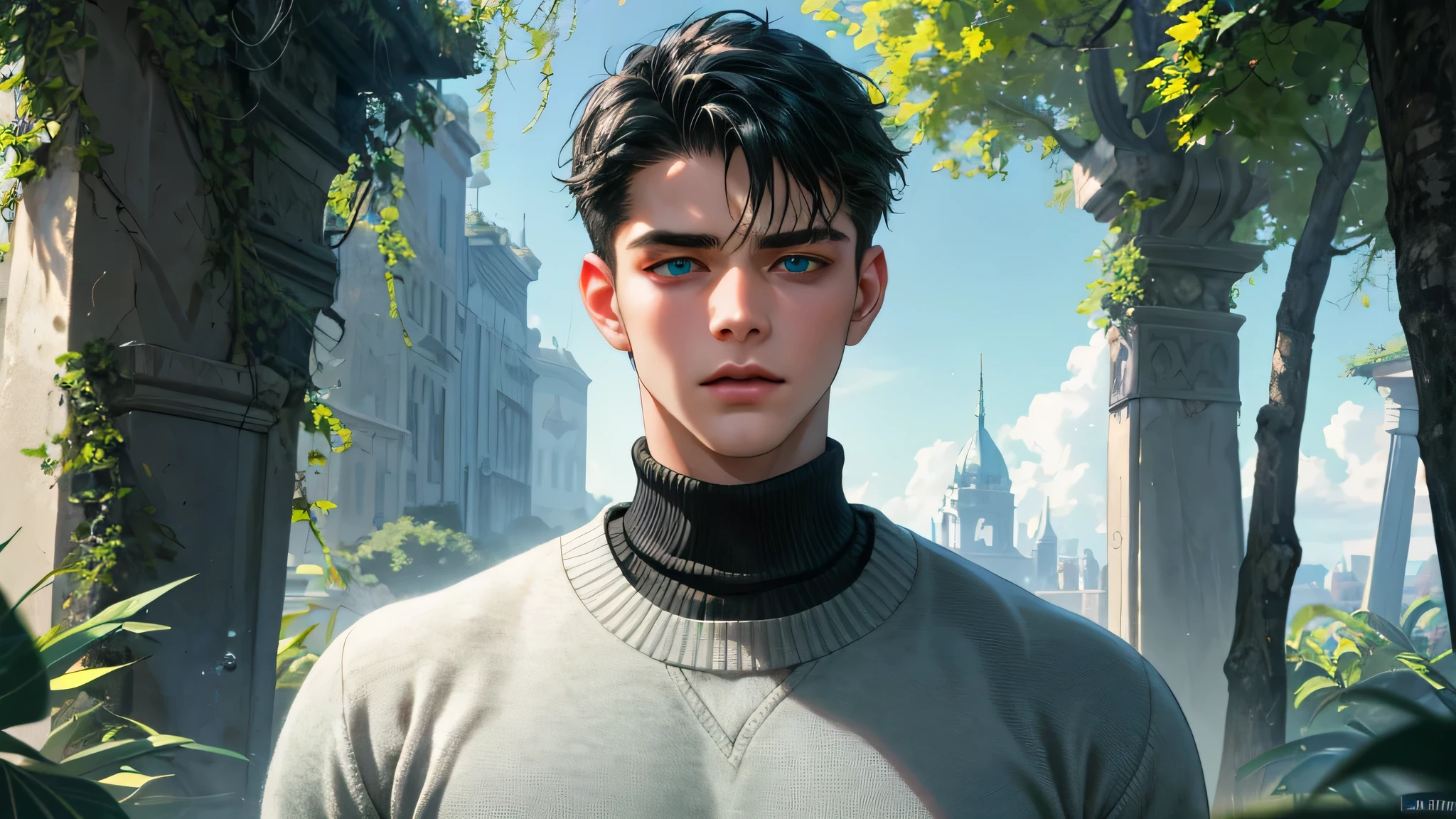 Ultra HD, high definition, Handsome young man, Grayish black hair, short hair, blue eyes, ombros largos, masterpiece, Absurd, Beautiful and detailed face, with dark green long sleeved sweater, Sunny daytime environment,  