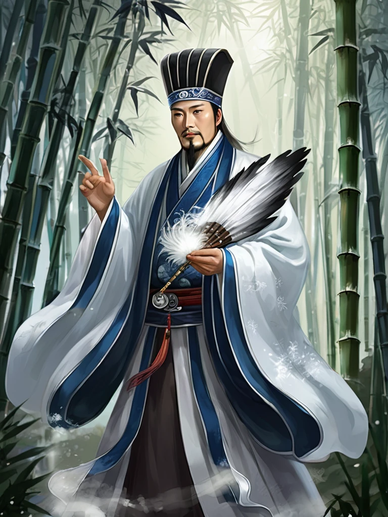 Snow falling effect、Digital illustration, Ancient Chinese scholars, Traditional Costume, Embroidered Robe,  Zhuge Liang,  Traditional hats, White and blue palette, Gestures, Serious expression, Attention to detail, Historical figures, Standing pose, Feather fan,  In the bamboo forest 