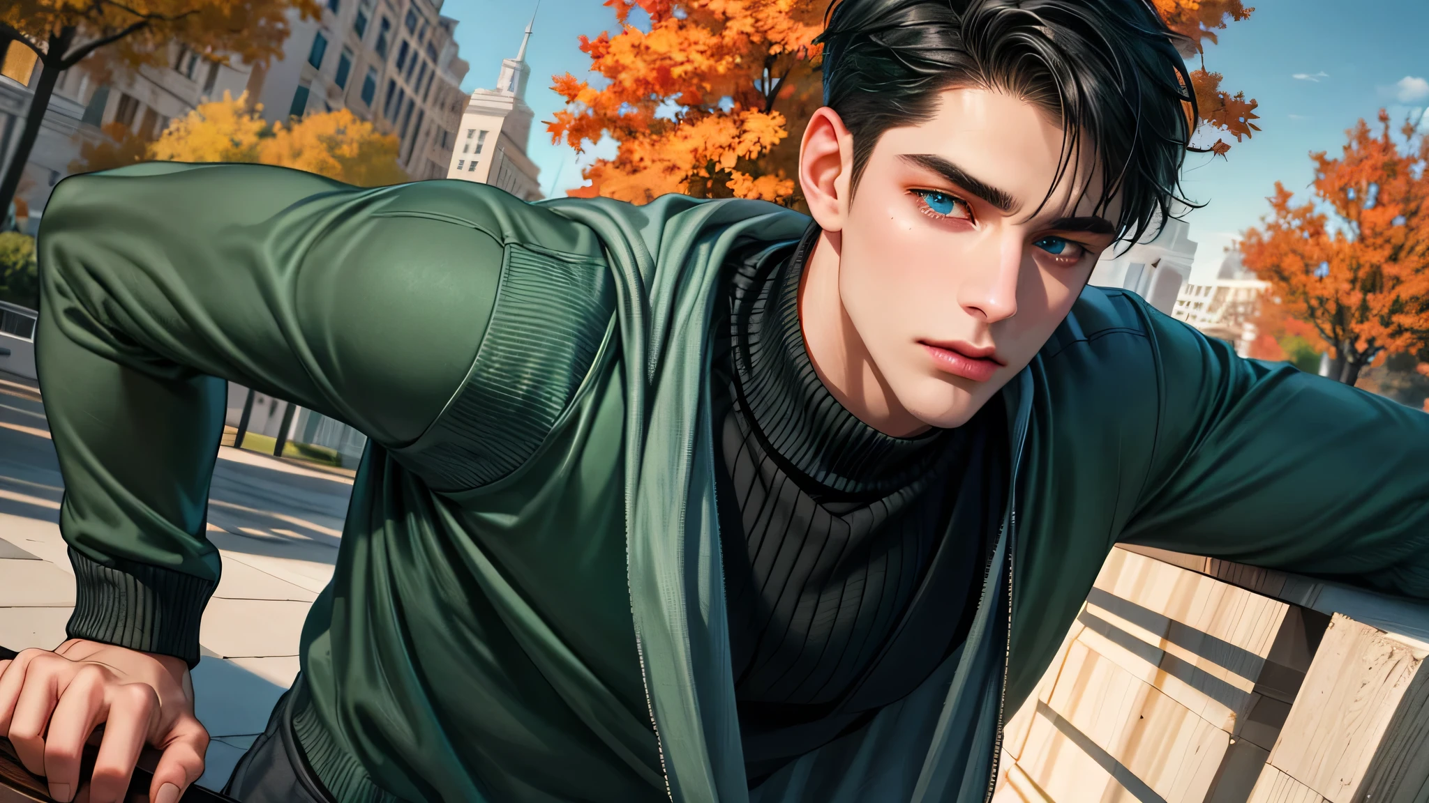 Ultra HD, high definition, Handsome young man, Grayish black hair, short hair, blue eyes, ombros largos, masterpiece, Absurd, Beautiful and detailed face, with dark green long sleeved sweater, Sunny daytime environment,  autumn