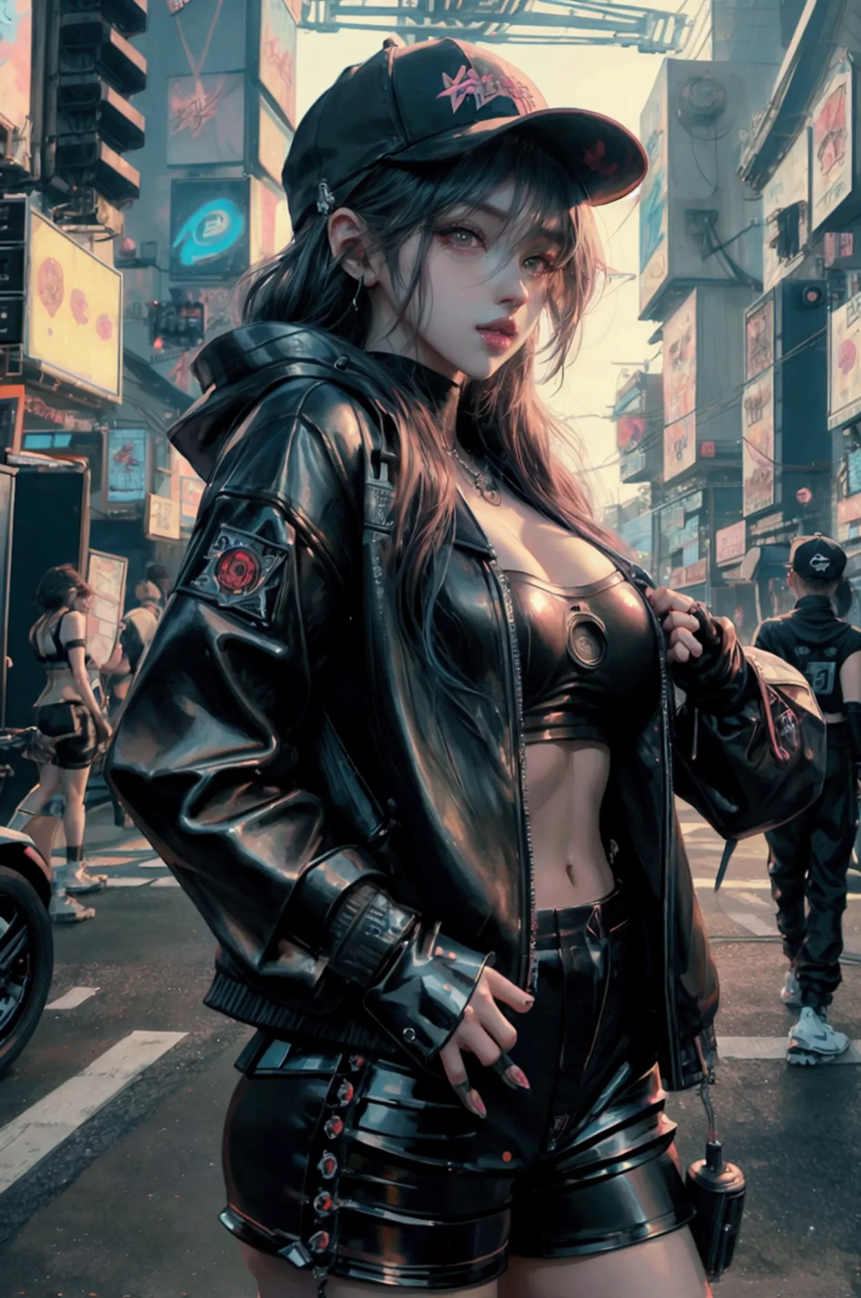 arafed woman in a baseball cap and leather shorts posing for a picture, artwork in the style of guweiz, cyberpunk beautiful girl...