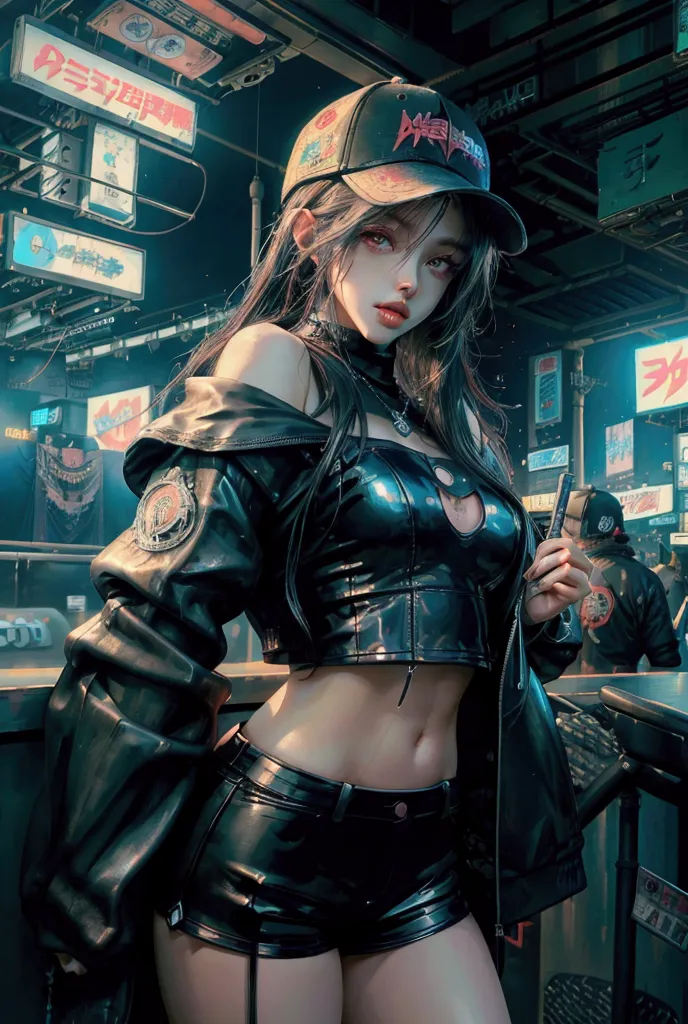 arafed woman in a baseball cap and leather shorts posing for a picture, artwork in the style of guweiz, cyberpunk beautiful girl...