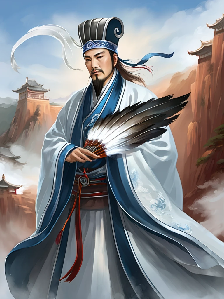 Wind blowing effect、Digital illustration, Ancient Chinese scholars, Traditional Costume, Embroidered Robe,  Zhuge Kongming,  Traditional hats, White and blue palette, gesture, Serious expression, Attention to detail, Historical figures, Standing pose, Feather fan,  Red Cliff、