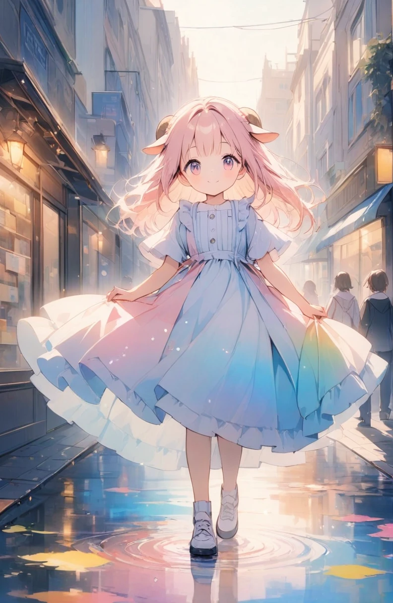 (High resolution, Attention to detail, high quality, High resolution, 最high quality, 4K, 8k, Awards)、Sheep, One girl, Pink fluffy hair, Thick eyebrows, A neat and clean dress based on white and light blue, Warm light atmosphere, Hold your hand over your forehead and smile, Look up at the sky, City sidewalk after the rain, puddle, Rainbow-colored light shines：light source：Rainbow overlay:1.3