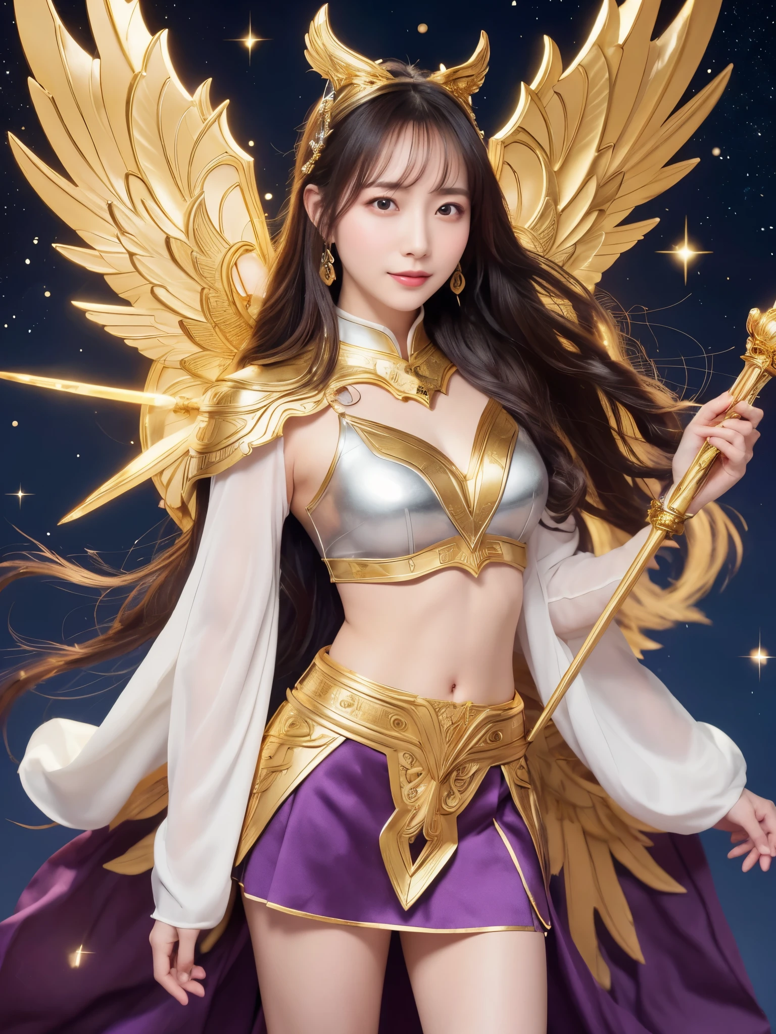 Miss Saori（Athena）The image is full of majesty and holiness。She has long smooth purple hair，Wear a silver helmet，There is a half-moon decoration in the center of the helmet，Symbolizes wisdom。She wears mainly silver、Armor with purple and gold decorations，胸甲刻有Athena的神聖圖騰，Skirt is white，Gold embroidery on edge，Leg armor integrated with silver boots，The overall armor is beautifully designed。 She holds a golden scepter，The top of the scepter is a crescent symbol，studded with luminous gems，Symbol of divine power。The round shield is mainly silver，Engraved star pattern in the center，Surrounded by geometric patterns and moon symbols，Represents protective power。Huge golden wings spread out behind her，The inner feathers are purple and gradually turn to gold，Symbolizes wisdom與神聖。 She stands in front of the background of the Zodiac in Saint Seiya，Surrounded by tall golden pillars and mysterious horoscope symbols，The entire scene is shrouded in soft golden light，light from her wings、Reflected on scepter and shield，Highlight her holiness and majesty。
