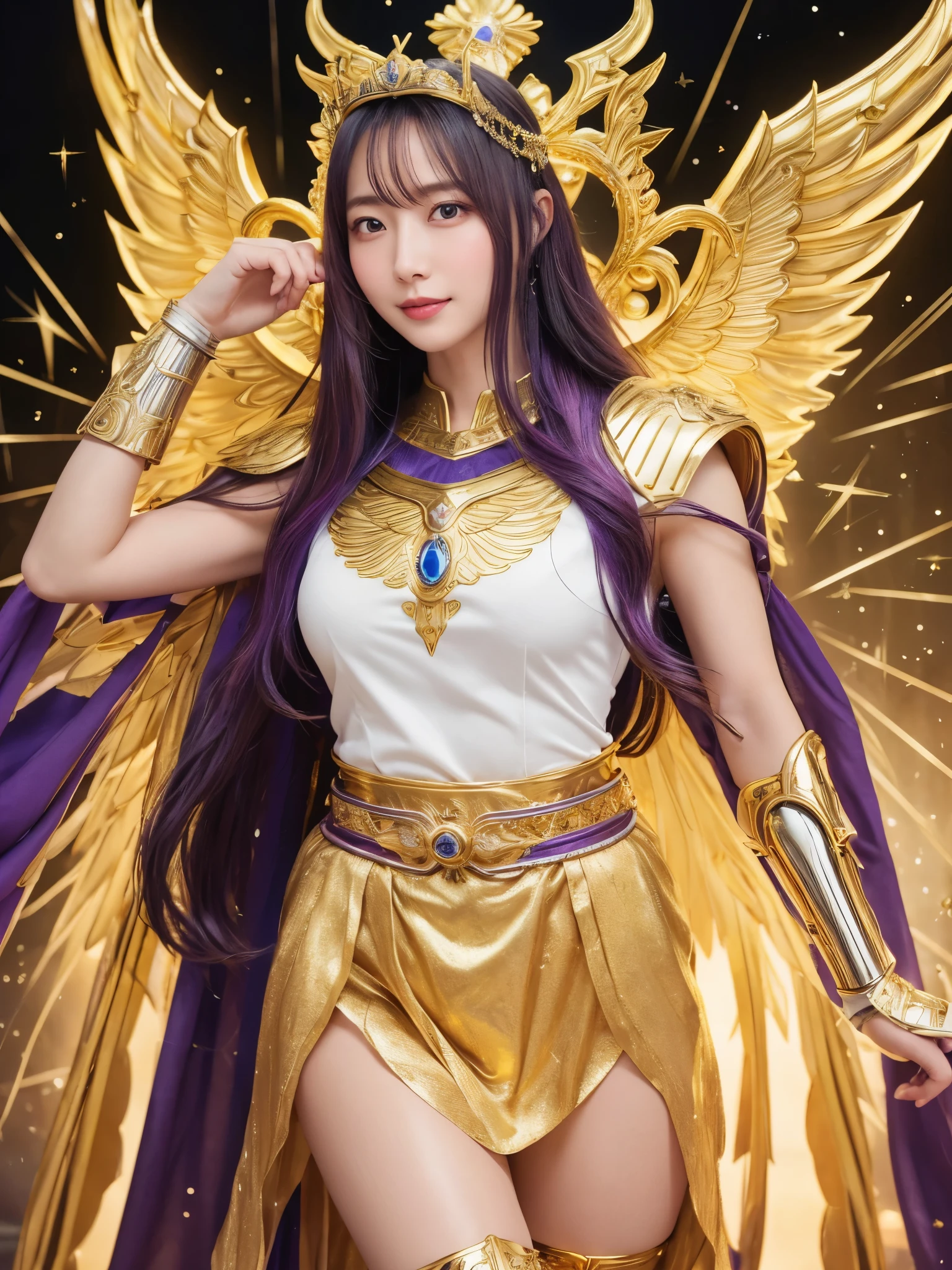 Miss Saori（Athena）The image is full of majesty and holiness。She has long smooth purple hair，Wear a silver helmet，There is a half-moon decoration in the center of the helmet，Symbolizes wisdom。She wears mainly silver、Armor with purple and gold decorations，胸甲刻有Athena的神聖圖騰，Skirt is white，White skirt above the knee, Gold embroidery on edge，Leg armor integrated with silver boots，The overall armor is beautifully designed。 She holds a golden scepter，The top of the scepter is a crescent symbol，studded with luminous gems，Symbol of divine power。The round shield is mainly silver，Engraved star pattern in the center，Surrounded by geometric patterns and moon symbols，Represents protective power。Huge golden wings spread out behind her，The inner feathers have a purple gradient，Symbolizes wisdom與神聖。 She stands in front of the background of the Zodiac in Saint Seiya，Surrounded by tall golden pillars and mysterious horoscope symbols，The entire scene is shrouded in soft golden light，light from her wings、Reflected on scepter and shield，Highlight her holiness and majesty。
