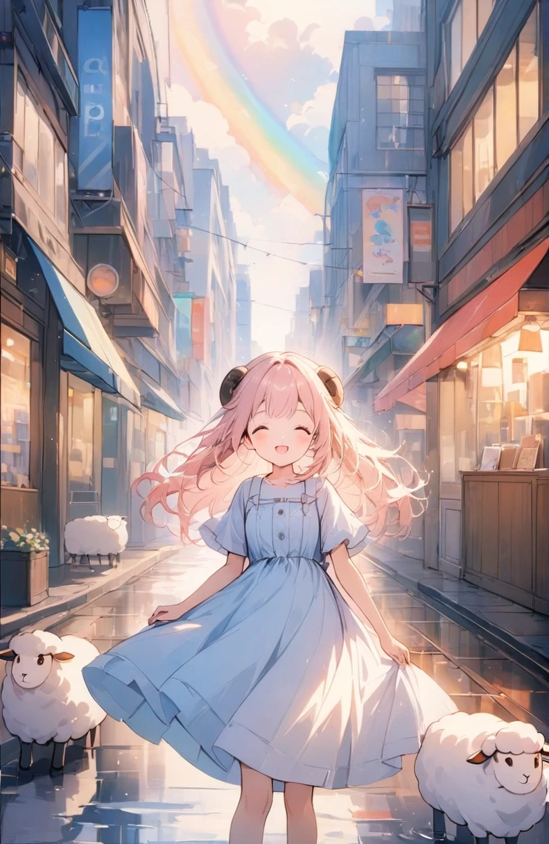 (High resolution, Attention to detail, high quality, High resolution, 最high quality, 4K, 8k, Awards)、Sheep, One girl, Pink fluffy hair, Thick eyebrows, A neat and clean dress based on white and light blue, Warm light atmosphere, Hold your hand over your forehead and smile, Look up at the sky, City sidewalk after the rain, puddle, Rainbow-colored light shines：light source：Rainbow overlay