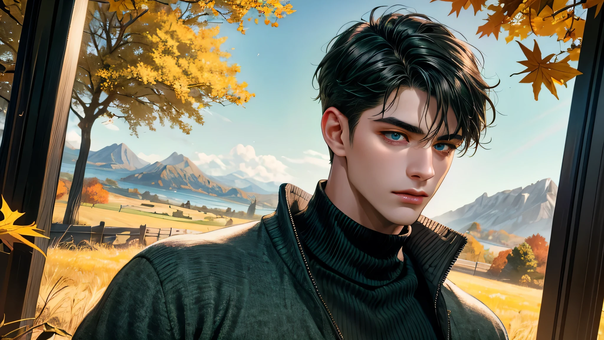 Ultra HD, high definition, Handsome young man, Grayish black hair, short hair, blue eyes, ombros largos, masterpiece, Absurd, Beautiful and detailed face, with dark green long sleeved sweater, Sunny daytime environment,  autumn