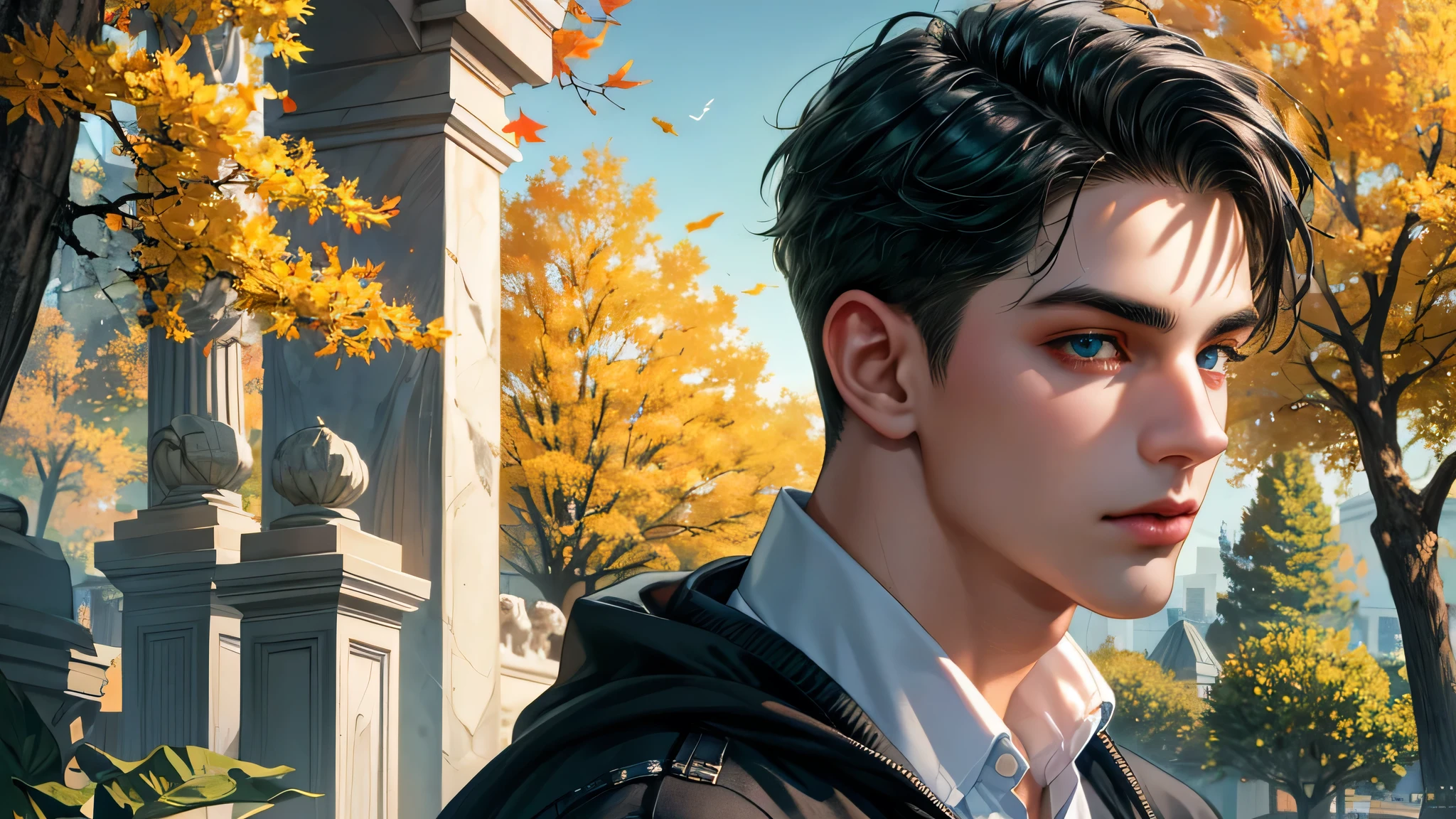 Ultra HD, high definition, Handsome young man, Grayish black hair, short hair, blue eyes, ombros largos, masterpiece, Absurd, Beautiful and detailed face, with dark green long sleeved sweater, Sunny daytime environment,  autumn