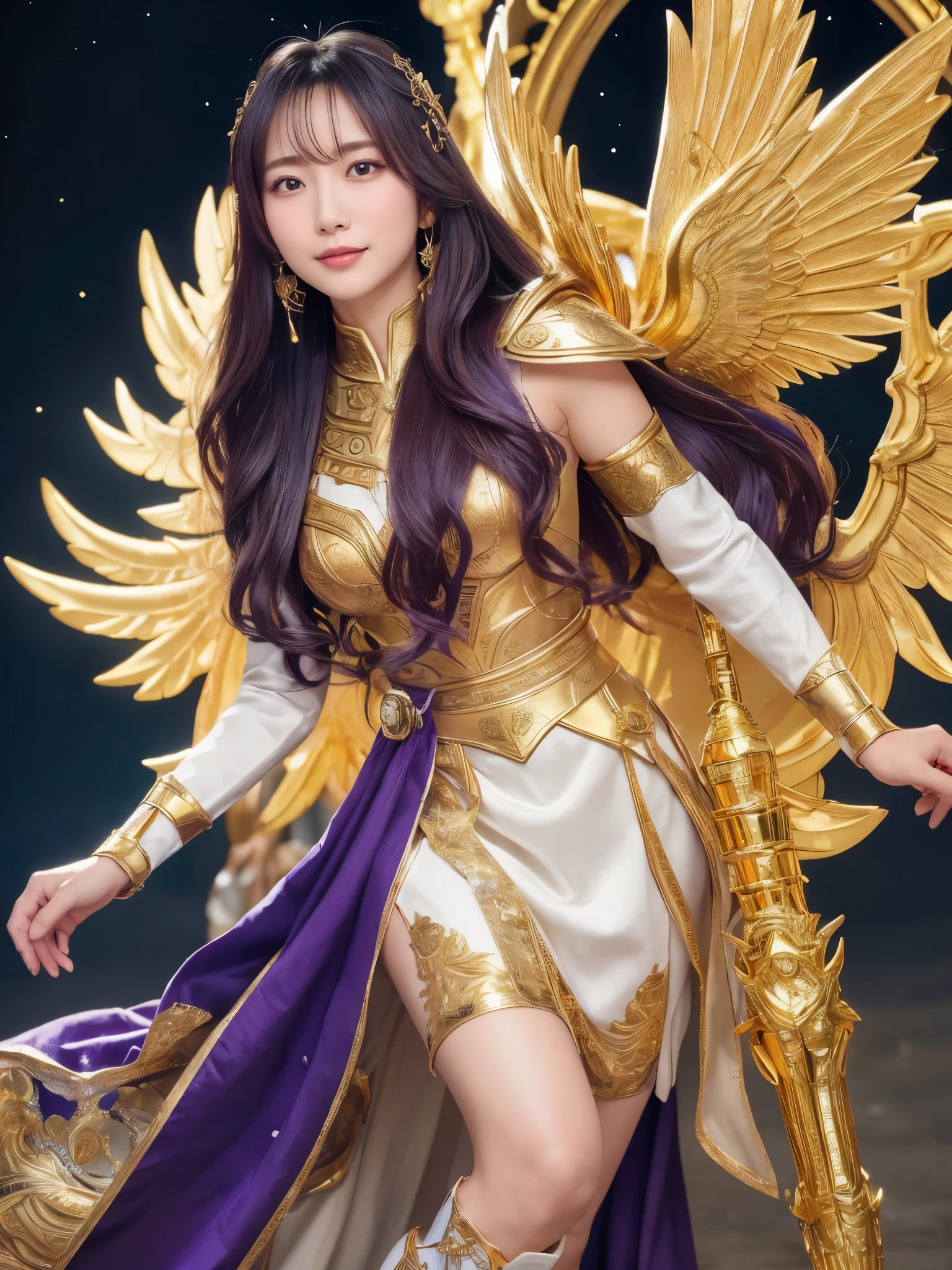 Miss Saori（Athena）The image is full of majesty and holiness。She has long smooth purple hair，Wear a silver helmet，There is a half-moon decoration in the center of the helmet，Symbolizes wisdom。She wears mainly silver、Armor with purple and gold decorations，胸甲刻有Athena的神聖圖騰，Skirt is white，White skirt above the knee, Gold embroidery on edge，Leg armor integrated with silver boots，The overall armor is beautifully designed。 She holds a golden scepter，The top of the scepter is a crescent symbol，studded with luminous gems，Symbol of divine power。The round shield is mainly silver，Engraved star pattern in the center，Surrounded by geometric patterns and moon symbols，Represents protective power。Huge golden wings spread out behind her，The inner feathers have a purple gradient，Symbolizes wisdom與神聖。 She stands in front of the background of the Zodiac in Saint Seiya，Surrounded by tall golden pillars and mysterious horoscope symbols，The entire scene is shrouded in soft golden light，light from her wings、Reflected on scepter and shield，Highlight her holiness and majesty。
