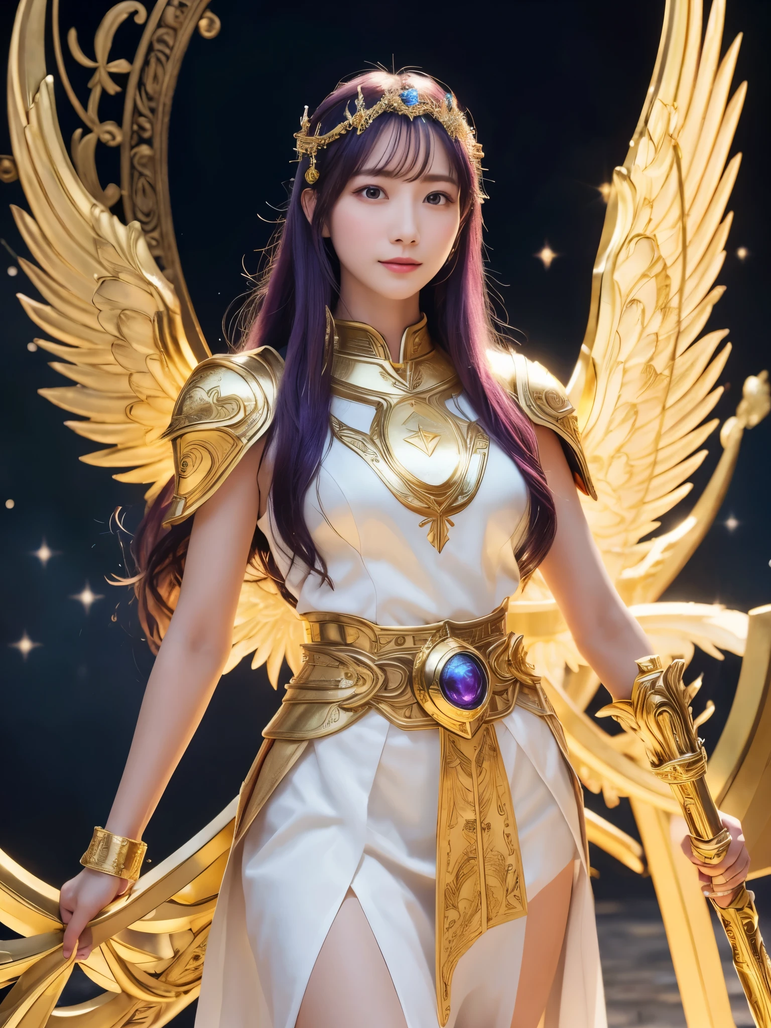 Miss Saori（Athena）The image is full of majesty and holiness。She has long smooth purple hair，Wear a silver helmet，There is a half-moon decoration in the center of the helmet，Symbolizes wisdom。She wears mainly silver、Armor with purple and gold decorations，胸甲刻有Athena的神聖圖騰，Skirt is white，White skirt above the knee, Gold embroidery on edge，Leg armor integrated with silver boots，The overall armor is beautifully designed。 She holds a golden scepter，The top of the scepter is a crescent symbol，studded with luminous gems，Symbol of divine power。The round shield is mainly silver，Engraved star pattern in the center，Surrounded by geometric patterns and moon symbols，Represents protective power。Huge golden wings spread out behind her，The inner feathers have a purple gradient，Symbolizes wisdom與神聖。 She stands in front of the background of the Zodiac in Saint Seiya，Surrounded by tall golden pillars and mysterious horoscope symbols，The entire scene is shrouded in soft golden light，light from her wings、Reflected on scepter and shield，Highlight her holiness and majesty。
