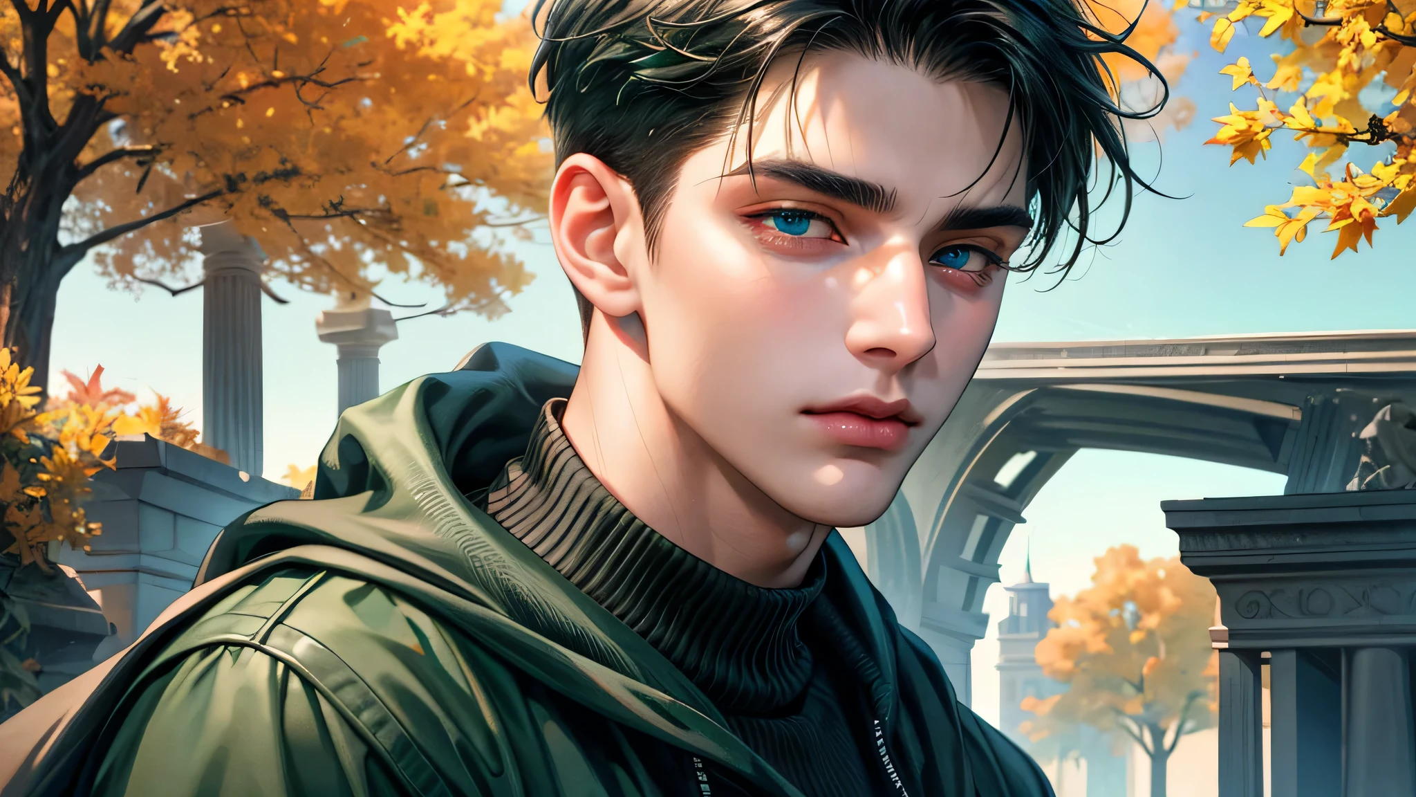 Ultra HD, high definition, Handsome young man, Grayish black hair, short hair, blue eyes, ombros largos, masterpiece, Absurd, Beautiful and detailed face, with dark green long sleeved sweater, Sunny daytime environment,  autumn