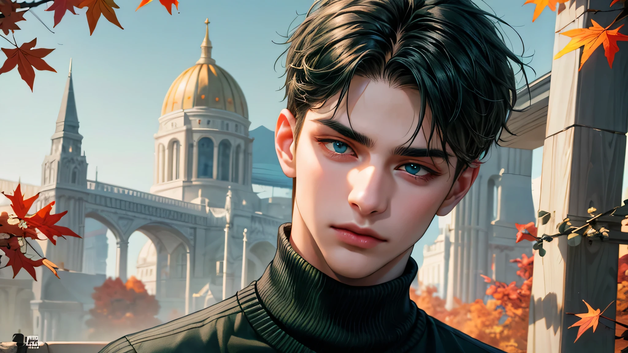 Ultra HD, high definition, Handsome young man, Grayish black hair, short hair, blue eyes, ombros largos, masterpiece, Absurd, Beautiful and detailed face, with dark green long sleeved sweater, Sunny daytime environment,  autumn