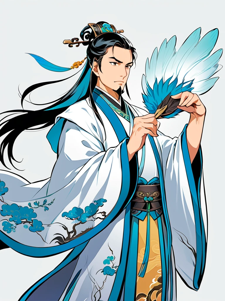 Wind blowing effect、Digital illustration, Ancient Chinese scholars, Traditional Costume, Embroidered Robe,  Zhuge Kongming,  , White and blue palette, gesture, Serious expression, Attention to detail, Historical figures, Standing pose, Feather fan,  Redcliffe、