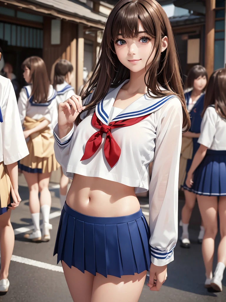 8k, Best Quality, The real picture, Intricate details, Very detailed, Ultra-high resolution, Depth Field, (Realistic,Realistic:1.2), Tabletop, Full Body Shot, (((1 girl))), eye_Chan, so beautiful, innocent big eyes, Beautiful breasts:1.5, 非常に詳細なeye:1.2), (Beautiful breasts:1.1), ((Brown Hair)), (Wavy, short, medium-length hair), (Asymmetrical bangs), Perfect Skin, Fair skin, Small breasts, Tight waist, Alone, Staring at the audience, (smile), (((Sailor suits worn by Japanese high school girls)), (Royal blue pleated mini skirt), (Standing in the crowds of Tokyo)