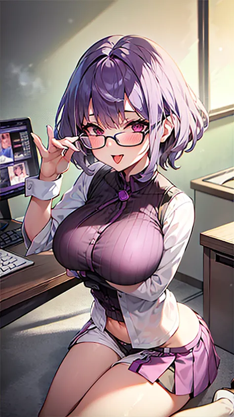 one girl, masterpiece, spouse, goddess,short hair ,((purple hair)),glasses ,airblowjob, big breasts, smile, transparent dick blo...