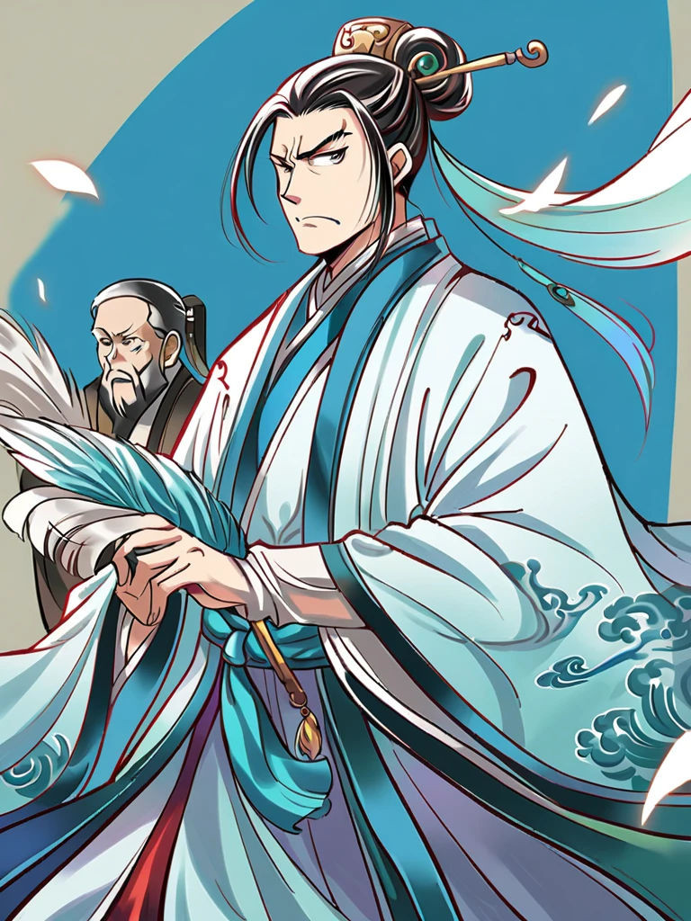 Wind blowing effect、Digital illustration, Ancient Chinese scholars, Traditional Costume, Embroidered Robe,  Zhuge Kongming,  , White and blue palette, gesture, Serious expression, Attention to detail, Historical figures, Standing pose, Feather fan,  Redcliffe、