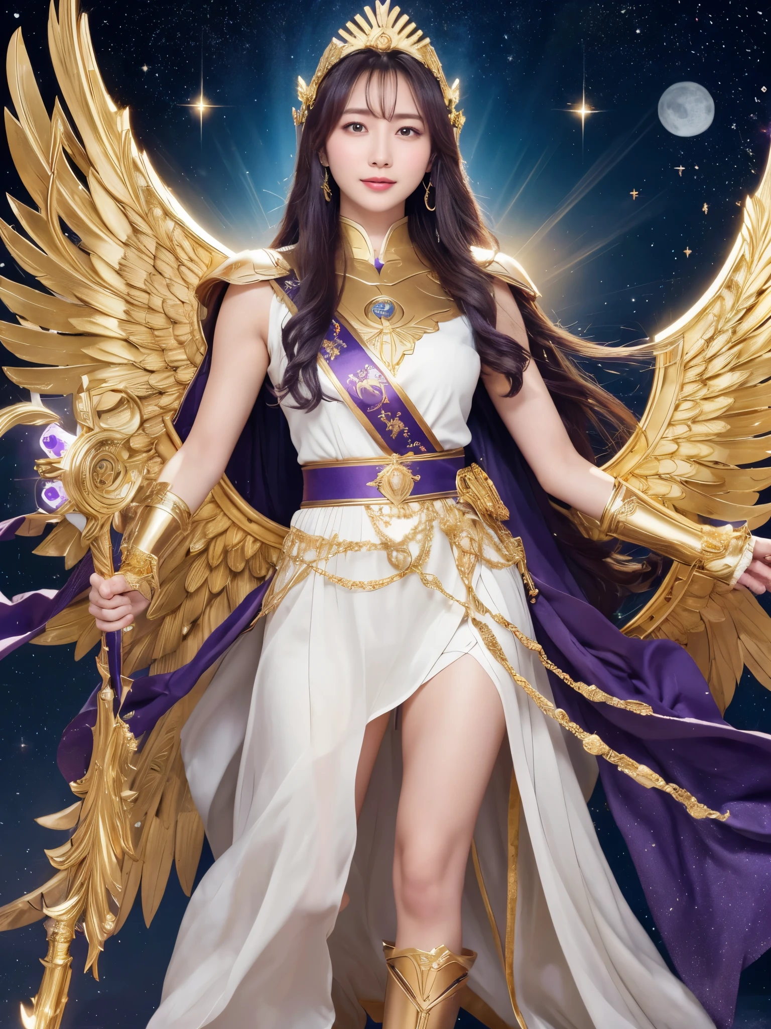 Miss Saori（Athena）The image is full of majesty and holiness。She has long smooth purple hair，Wear a silver helmet，There is a half-moon decoration in the center of the helmet to symbolize wisdom.。She wears mainly silver armor with purple and gold decorations，胸甲刻有Athena的神聖圖騰，Long skirt armor is white，Gold embroidery on edge，Leg armor integrated with silver boots，The overall armor is beautifully designed。

She holds a golden scepter. The top of the scepter is a crescent-shaped symbol inlaid with luminous gems, symbolizing divine power.。The round shield is mainly silver, with a star pattern engraved in the center and geometric patterns and moon symbols around it to represent the power of protection.。The huge golden wings spread out behind her and the inner feathers have a purple gradient, symbolizing wisdom and holiness.。

She stands in front of the background of the Zodiac in Saint Seiya，Surrounded by tall golden pillars and mysterious horoscope symbols，The entire scene is shrouded in soft golden light，light from her wings、Reflected on scepter and shield，Highlight her holiness and majesty。