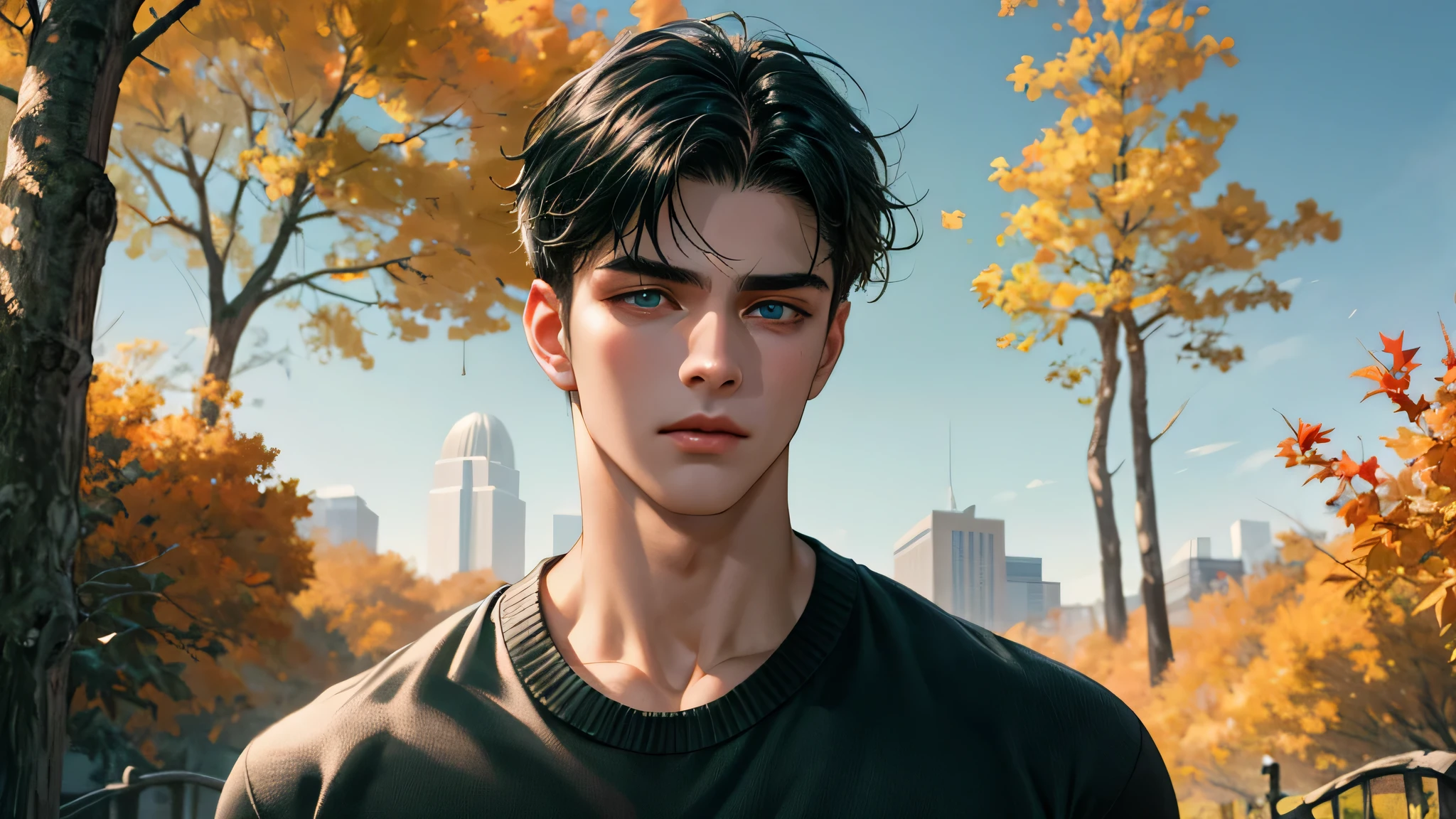 Ultra HD, high definition, Handsome young man, Grayish black hair, short hair, blue eyes, ombros largos, masterpiece, Absurd, Beautiful and detailed face, with dark green long sleeved sweater, Sunny daytime environment,  autumn