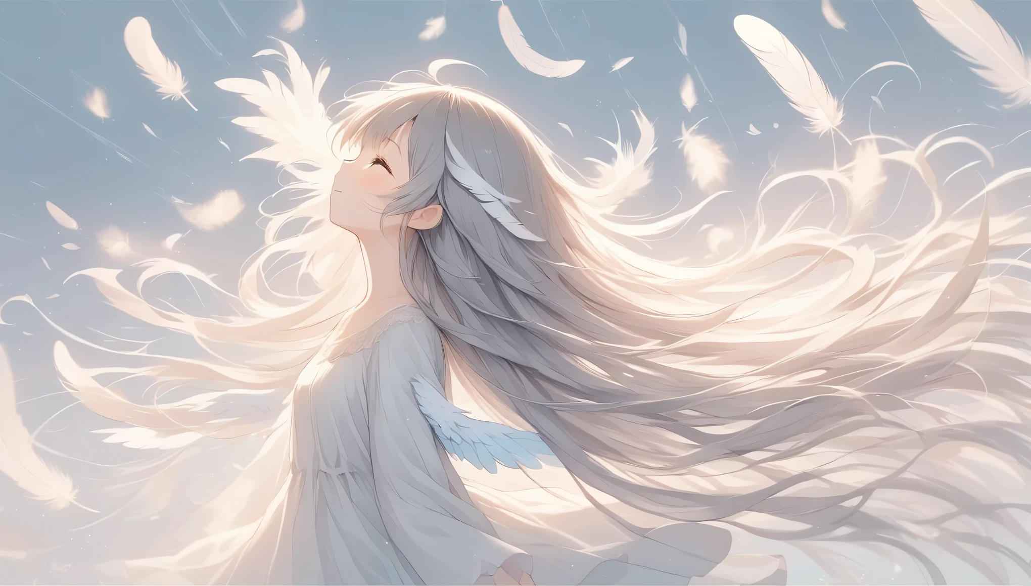 ((Light lines and soft colors create a dreamy effect., A fleeting impression..)),Gray Hair、Long Hair、Cute angel、(Spread your wings wide)、My hair flutters in the wind、Left facing、Side view、Feathers fluttering