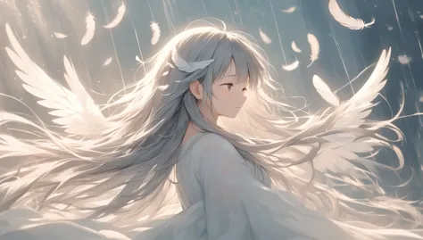 ((light lines and soft colors create a dreamy effect., a fleeting impression..)),gray hair、long hair、cute angel、(spread your win...