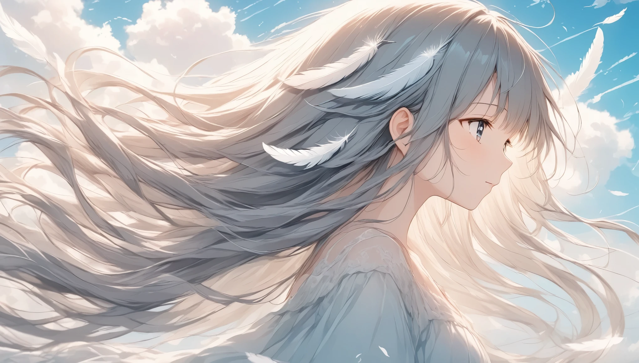 ((Light lines and soft colors create a dreamy effect., A fleeting impression..)),Gray Hair、Long Hair、Cute angel、My hair flutters in the wind、Left facing、Side view、Feathers fluttering、Beautiful effects、A scene from a movie、Transience and beauty、Blue sky and white clouds