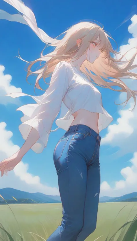 girl, looking the sky, side view, blue sky, long hair, medium breasts, (skiny body), my hair flutters in the wind, shirts, denim...