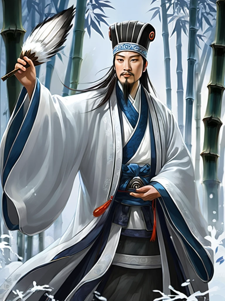 Snow falling effect、Digital illustration, Ancient Chinese scholars, Traditional Costume, Embroidered Robe,  Zhuge Kongming,  Traditional hats, White and blue palette, gesture, Serious expression, Attention to detail, Historical figures, Standing pose, Feather fan,  bamboo forest 、There is a panda