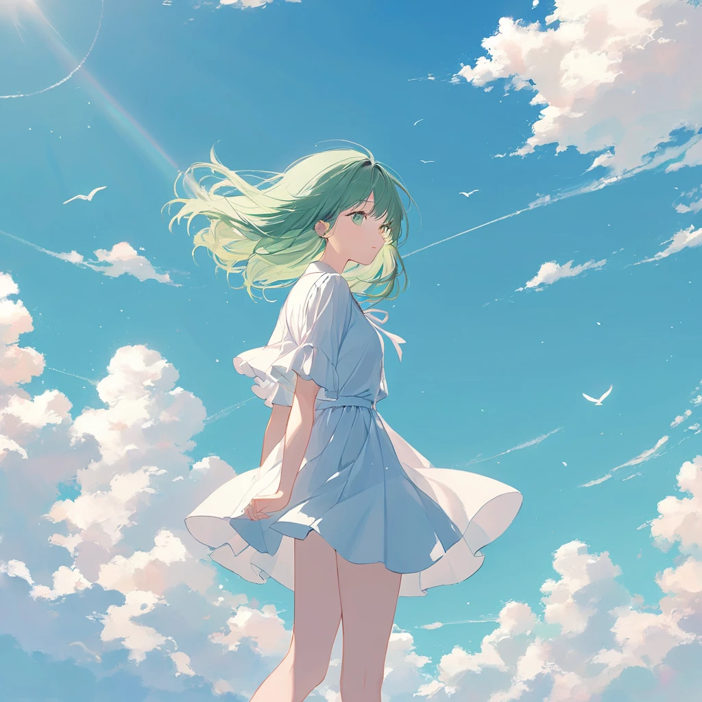 One woman,Pastel colors,Green Hair,Standing under the blue sky,A touching scene