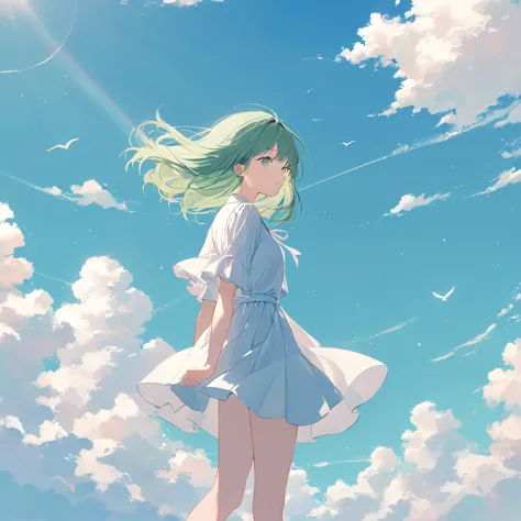 one woman,pastel colors,green hair,standing under the blue sky,a touching scene