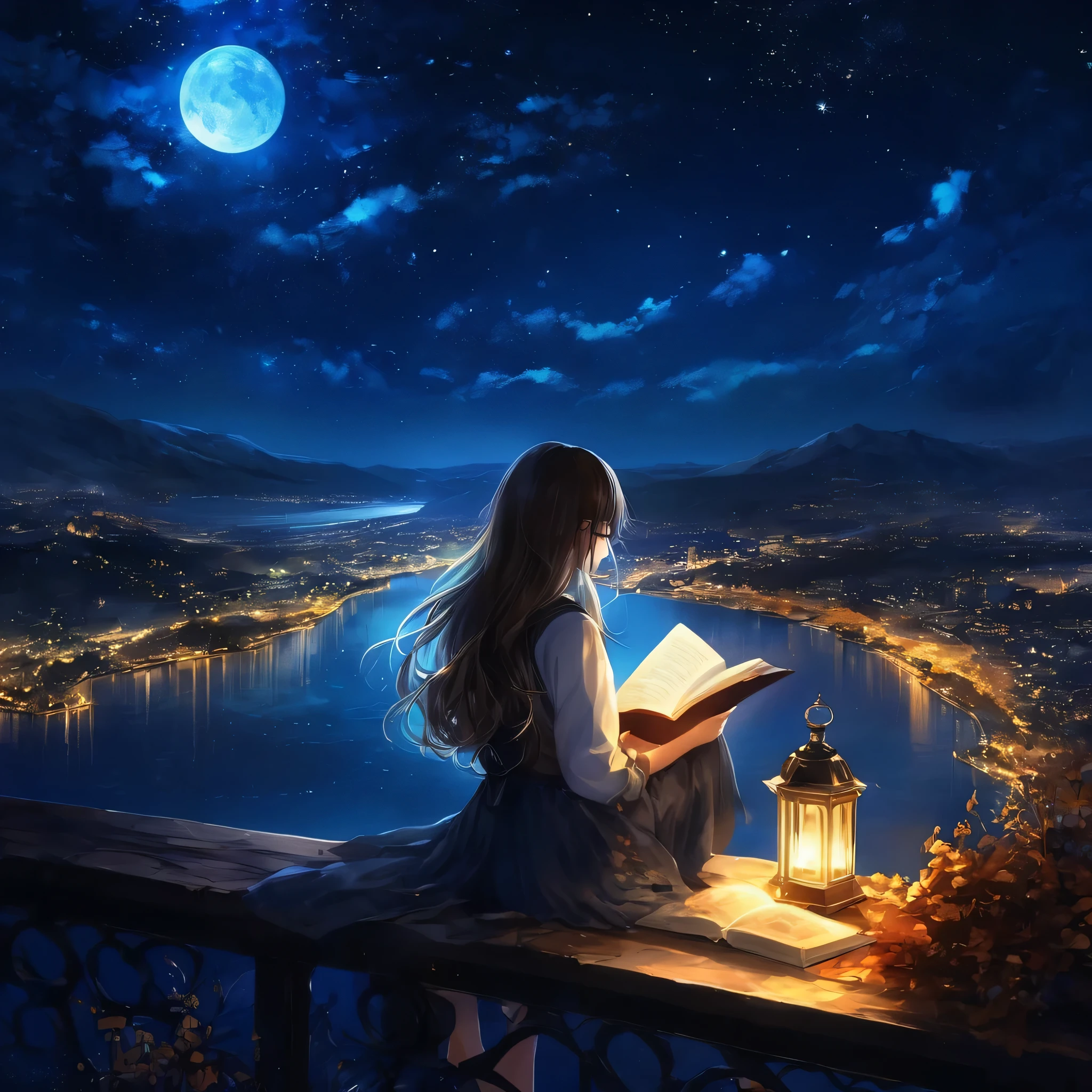 A woman reading in a study、Long hair and glasses、Dim lights、Quiet autumn night、Navy Blue Light, bright, Magical Night Sky, shape, soft, beautiful, Dreamy, Realistic, professional、 Sparkling Night Sky, Very detailedな, Very detailed, shape, Semi-finished sketch, Half Color Sketch, anime, masterpiece, bright colors, High contrast, bright lighting, dark  background,A composition with great depth、