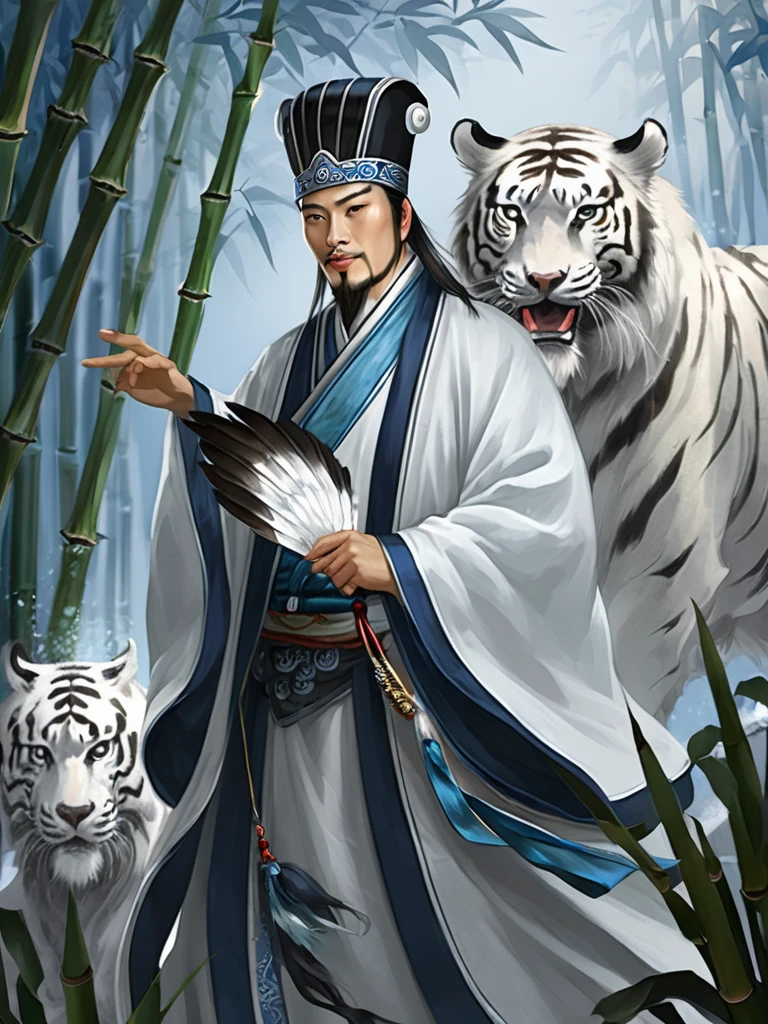 Snow falling effect、Digital illustration, Ancient Chinese scholars, Traditional Costume, Embroidered Robe,  Zhuge Liang with the White Tiger,  Traditional hats, White and blue palette, gesture, Serious expression, Attention to detail, Historical figures, Standing pose, Feather fan,  bamboo forest 、