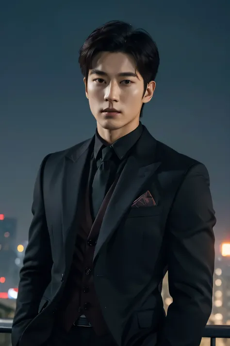 a distinct face ,on top of the building ,evening time , handsome korean man , how to handle a fireball,realistic appearance, sli...