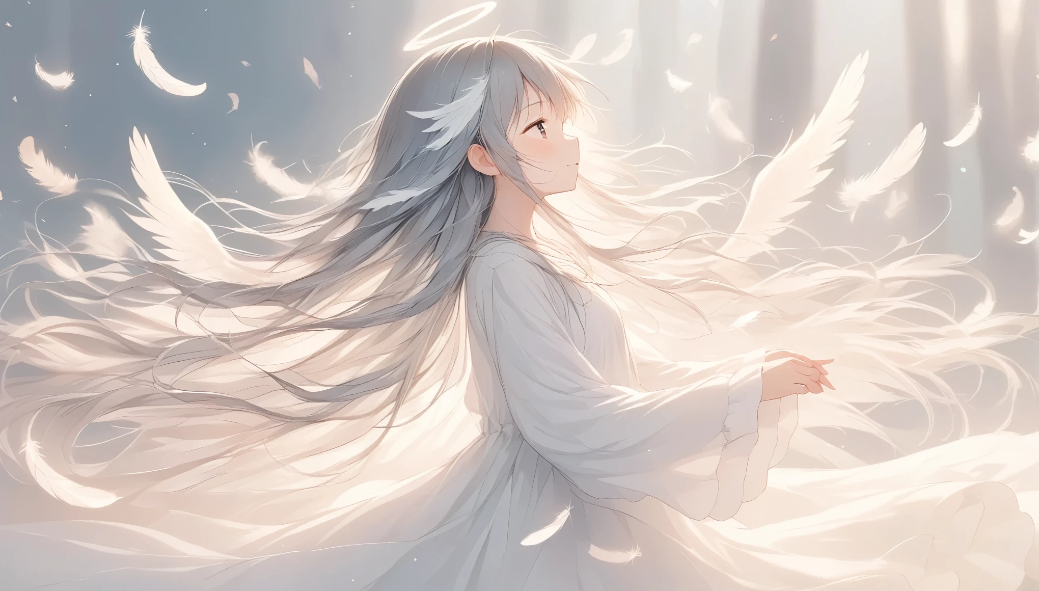 ((Light lines and soft colors create a dreamy effect., A fleeting impression..)),Gray Hair、Long Hair、Cute angel、(Spread your wings wide)、My hair flutters in the wind、Left facing、Side view、Feathers fluttering