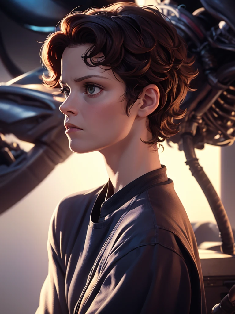 Alien vs Sigourney Weaver
 , (soft focus ,  Shallow focus , dim light )