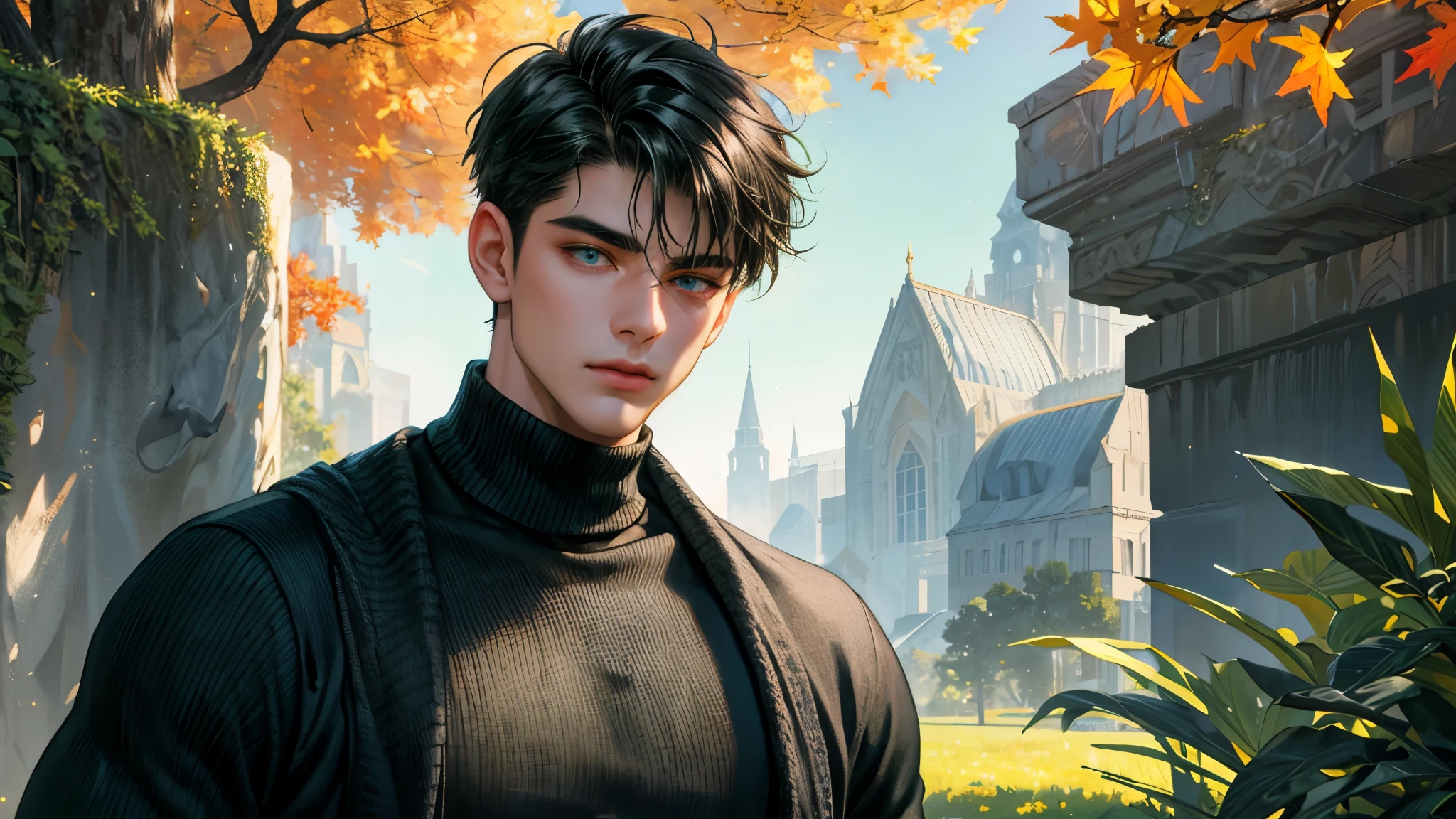 Ultra HD, high definition, Handsome young man, Grayish black hair, short hair, blue eyes, ombros largos, masterpiece, Absurd, Beautiful and detailed face, with dark green long sleeved sweater, Sunny daytime environment,  autumn