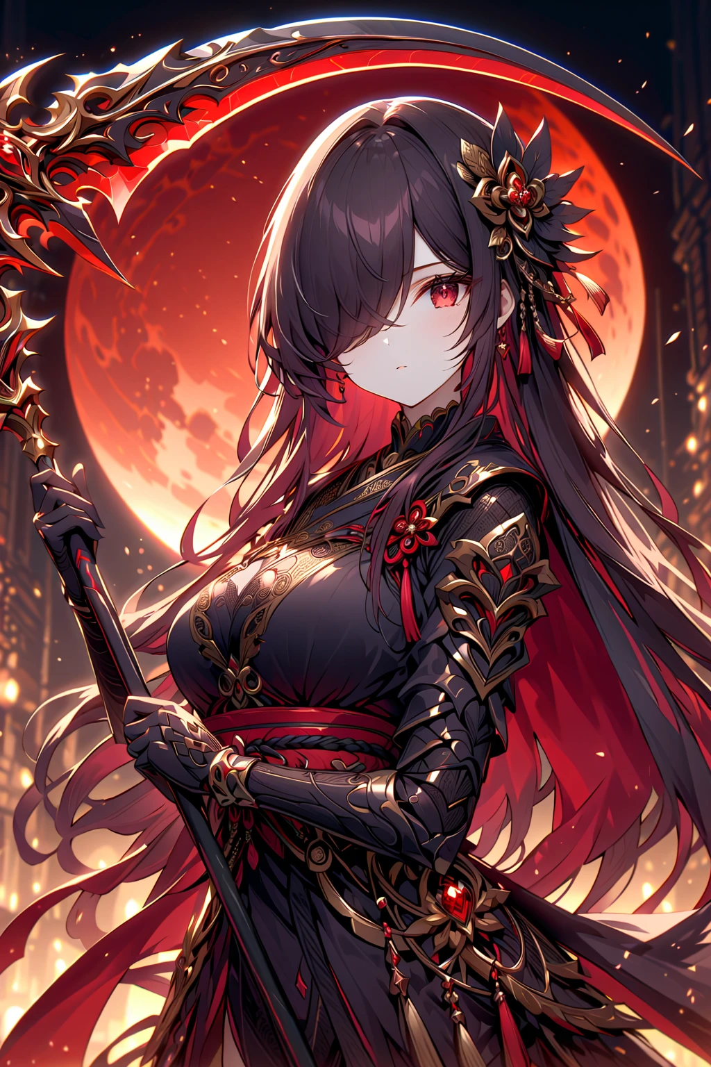 Cowboy Shot, 1girl, Solo, Looking at viewer, Shy, Cute, Red Eyes, Empty Eyes, Expressionless Eyes, Black Hair, Very Long Hair, Straight Hair, ((Hair Over One Eye, Swept Bangs:1.5)), Petite, good_hands, Large breasts, Pale Skinned, Slender, Curvy, ((Ninja)), (Holding Red Scythe:1.2), Standing, Japanese Background, Red Moon, Dark Night, Dark Lighting, Masterpiece, 4K, Best Quality, High Resolution, Accurate, Award Winning, (SuperQuality:1.0) ~ (SuperQuality:1.2)