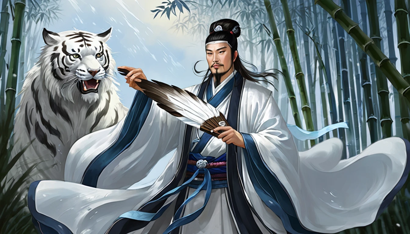 Snow falling effect、Digital illustration, Ancient Chinese scholars, Traditional Costume, Embroidered Robe,  Zhuge Liang with the White Tiger,  , White and blue palette, gesture, Serious expression, Attention to detail, Historical figures, Standing pose, Feather fan,  bamboo forest 、