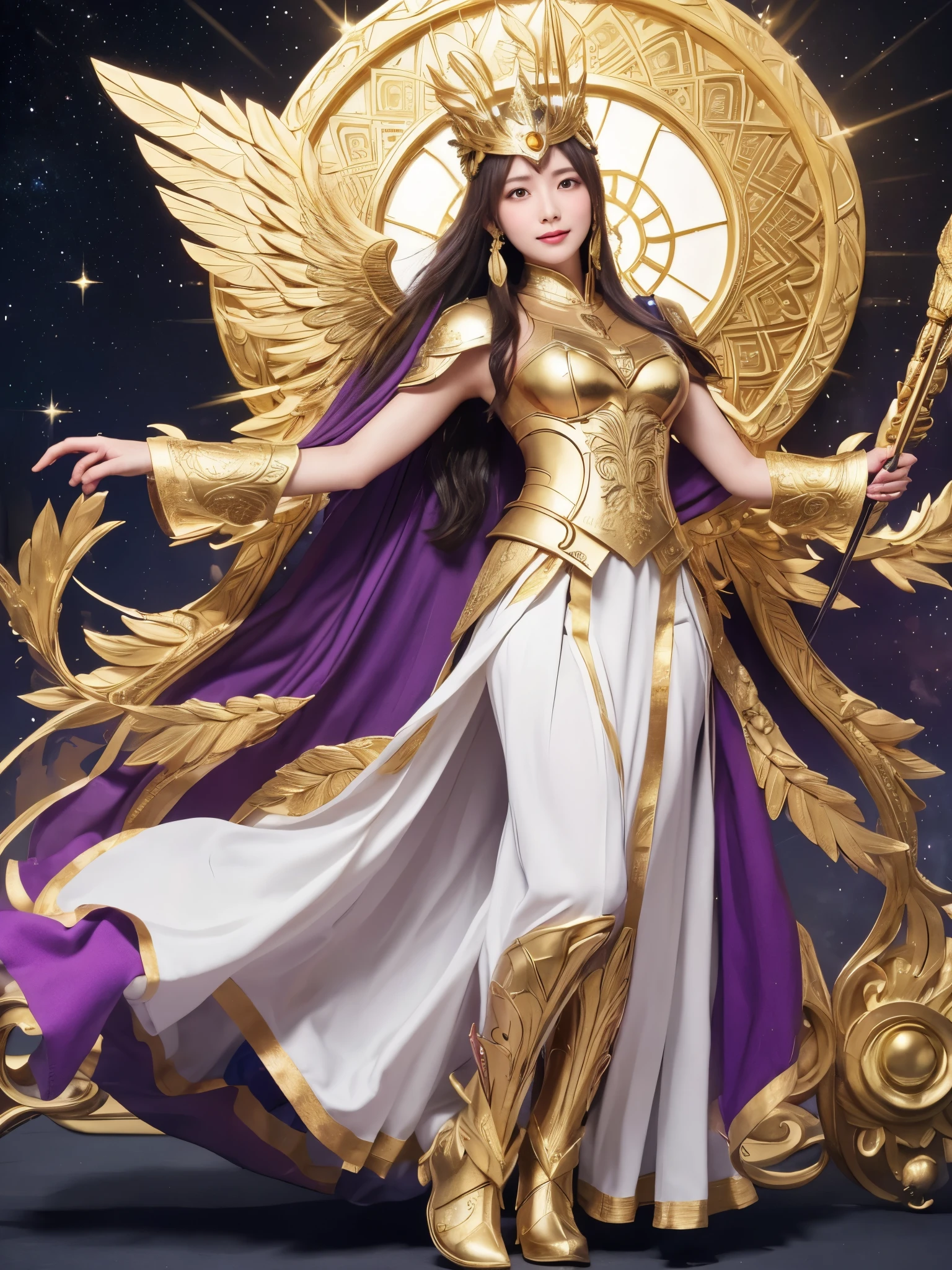 Miss Saori（Athena）The image is full of majesty and holiness。She has long smooth purple hair，The helmet she wears is characterized by a central half-moon decorative edge with exquisite golden carvings. The silver metal surface of the helmet is as smooth as a mirror. The slightly extended curves on both sides are elegant and full of power.,The forehead of the helmet is engraved with delicate ancient Greek-style totems. The gold-plated details on the edges sparkle in the light and fit perfectly with the overall armor.。She wears mainly silver armor with purple and gold decorations，胸甲刻有Athena的神聖圖騰，The long skirt is white and has gold embroidery on the edge.，Leg armor integrated with silver boots，The overall armor is beautifully designed。 She holds a golden scepter. The top of the scepter is a crescent-shaped symbol inlaid with luminous gems, symbolizing divine power.。The round shield is mainly silver, with a star pattern engraved in the center and geometric patterns and moon symbols around it to represent the power of protection.。The huge golden wings spread out behind her and the inner feathers have a purple gradient, symbolizing wisdom and holiness.。 She stands in front of the background of the Zodiac in Saint Seiya，Surrounded by tall golden pillars and mysterious horoscope symbols，The entire scene is shrouded in soft golden light，light from her wings、Reflected on scepter and shield，Highlight her holiness and majesty。
