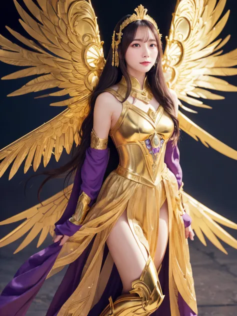 miss saori（athena）the image is full of majesty and holiness。she has long smooth purple hair，the helmet she wears is characterize...